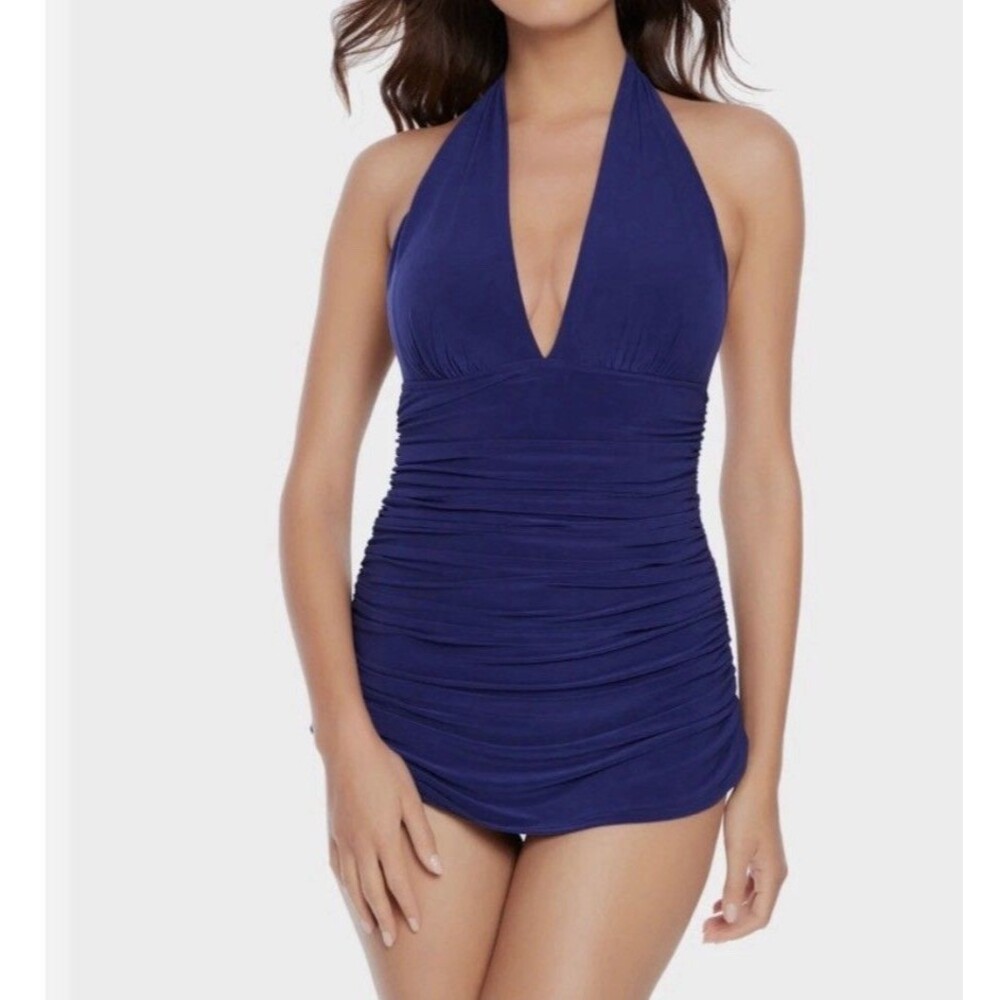 Magicsuit Yvonne Halter Neck Tummy Control Swim Dress Bright Blue VNeck Women 12